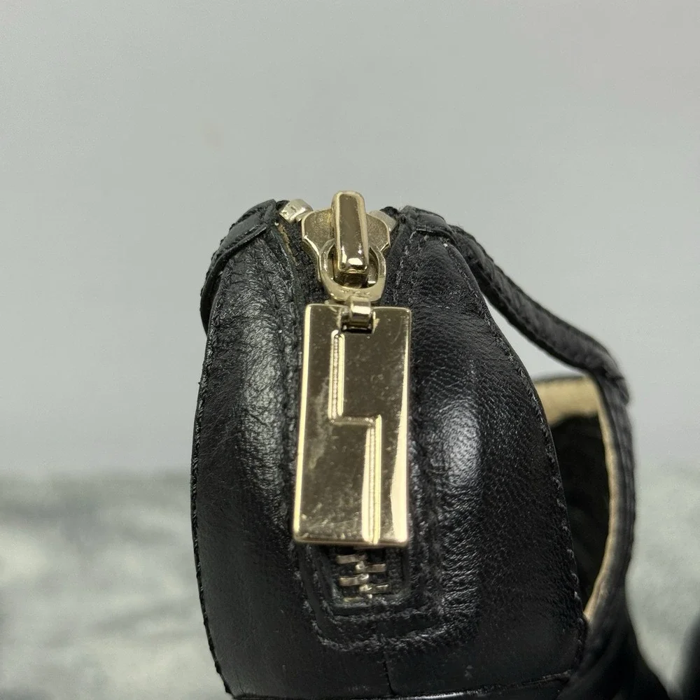 L.A.M.B. Gwen Stefani Black Leather Ankle Strappy‎ Caged Sandals High Heels 5.5